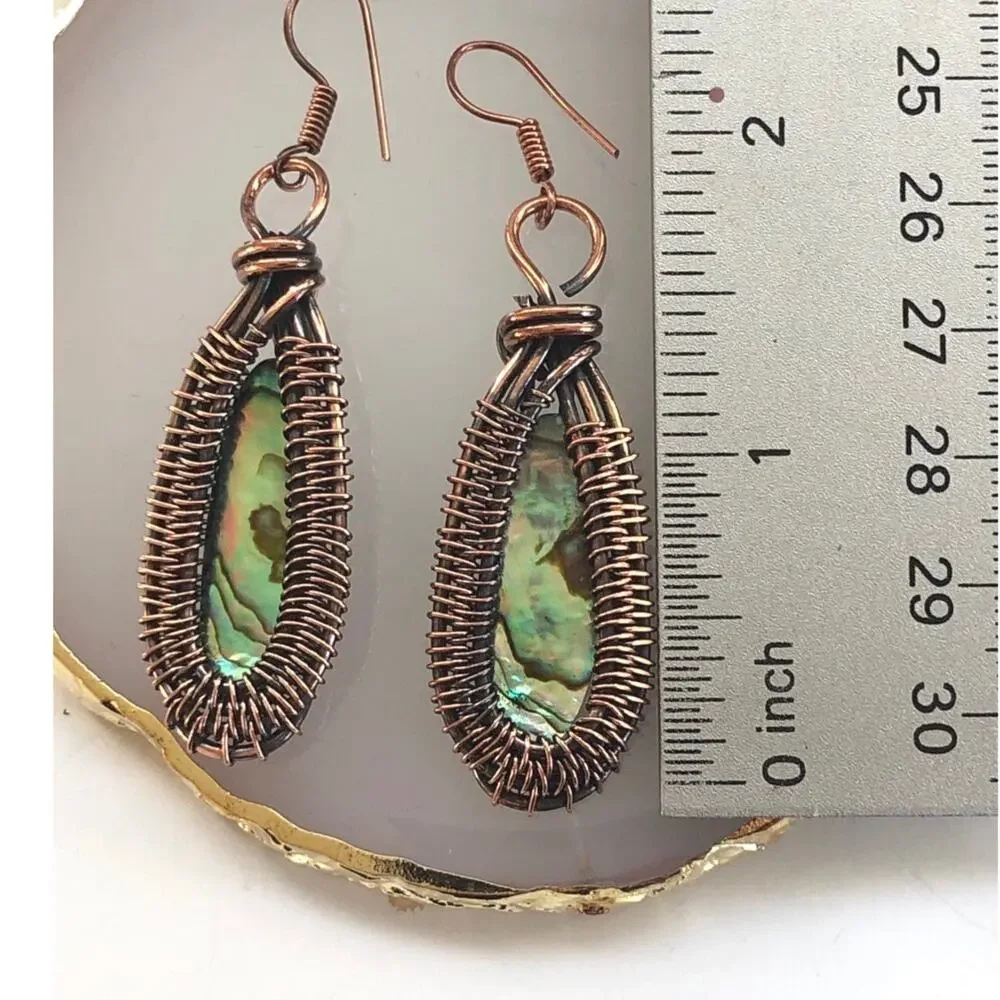 Copper Abalone Shell Copper Wire Wrap Dangle Earrings - Picture 3 of 4